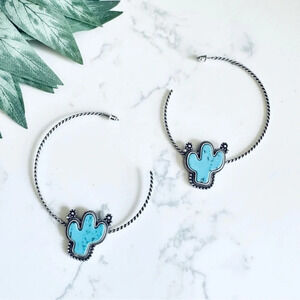 2/$30🌵 Faux Turquoise Cactus Silver Tone Hoop Earrings Large Southwestern Boho
